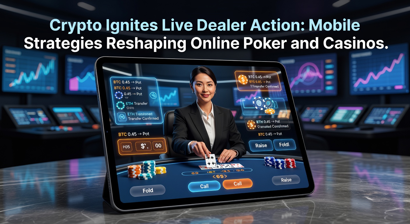 Dynamic live dealer poker table with cryptocurrency icons and mobile devices on screen, illustrating crypto integration in online gaming