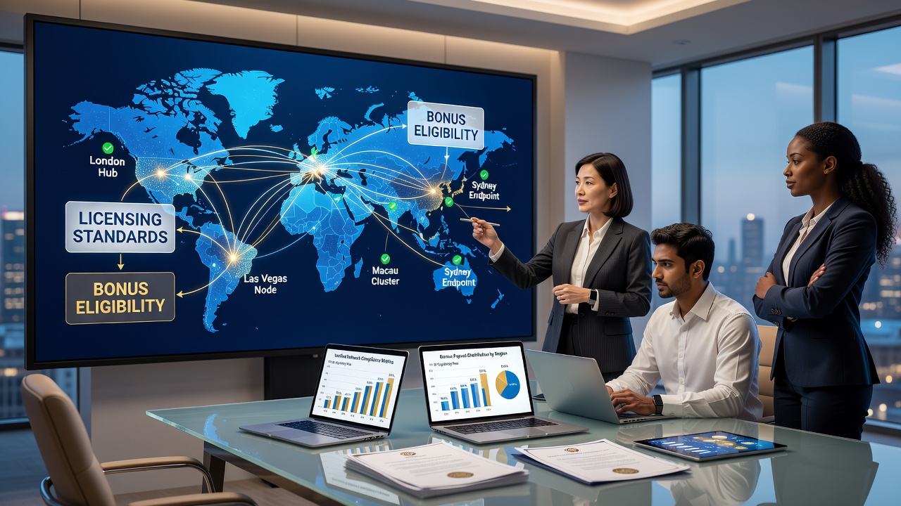 Poker players reviewing bonus terms on verified international networks with regulatory compliance icons